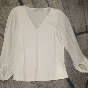 Calvin Klein White V-Neck Blouse with Semi-sheer Sleeves
